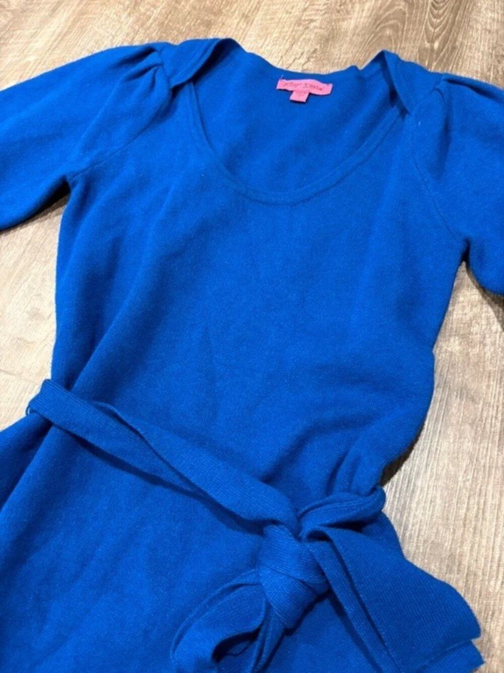 Betsey Johnson Royal Blue Knit Puff Sleeve Midi Sweater Dress with Belt Size S - Picture 7 of 8